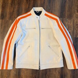 White leathet jacket with orange stripes 48 inch chest